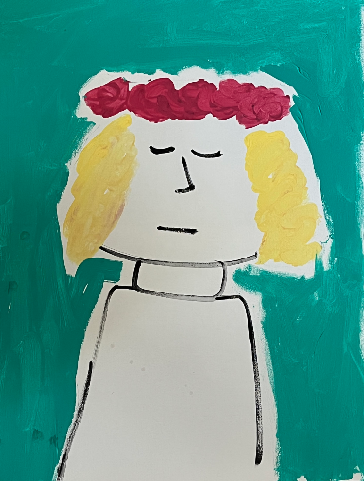 This is a very peaceful picture, a perfect spiritual picture, it was inspired by the hippie movement and has a little 1980s vibe. There is a teal-green background with a girl dressed in a white gown with blond hair with a crown of pink flowers her eyes are closed because she is meditating