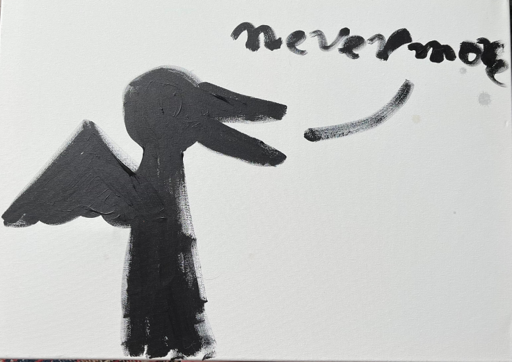 A black silhouette of a raven, against a white background. The word "Nevermore," in ominous cursive handwriting, emits from the raven's beak.